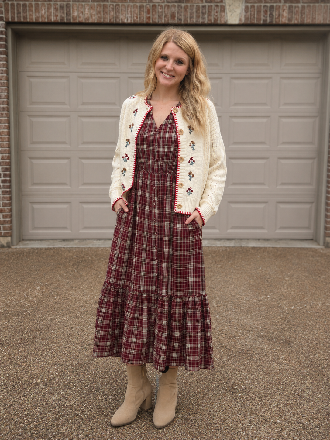 Plaid Smocked V Neck Button Down Ruffled Midi Dres-Burgundy