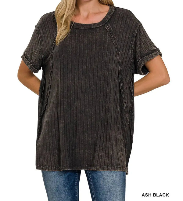 Acid Washed Ribbed Short Sleeve Boat-Neck Top