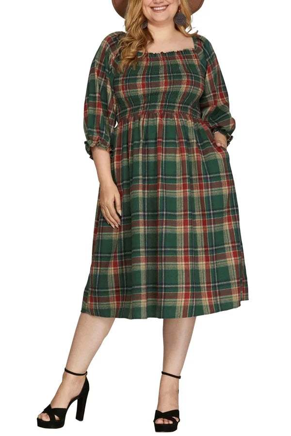 Plus Checker Woven Midi Dress