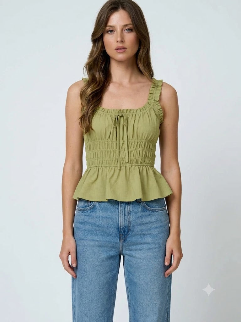 Ruffled Front Tie Shirred Waist Tank Top-Kiwi