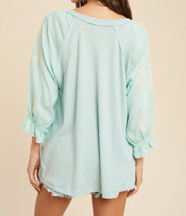 Waffle Knit Embroidered Contrast Sleeves