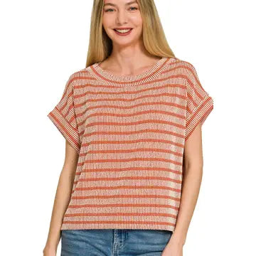 Easy Going Rust Rib Striped Top
