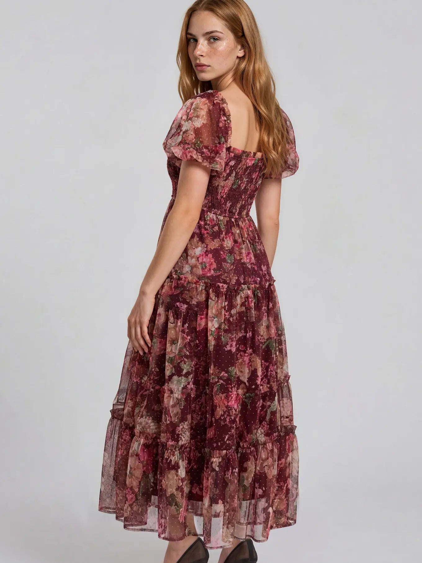 Floral Polka Dot Tulle Puff Sleeve Midi Dress-Burgundy