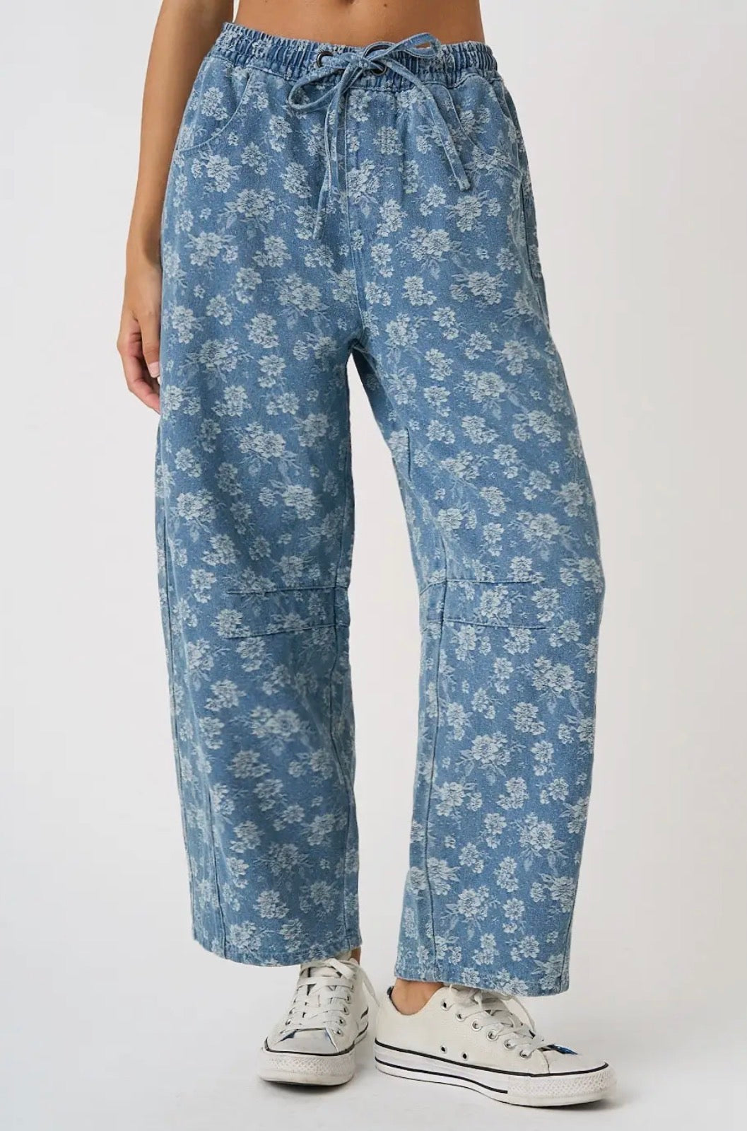 Floral Print Elastic Waist Barrel Jean