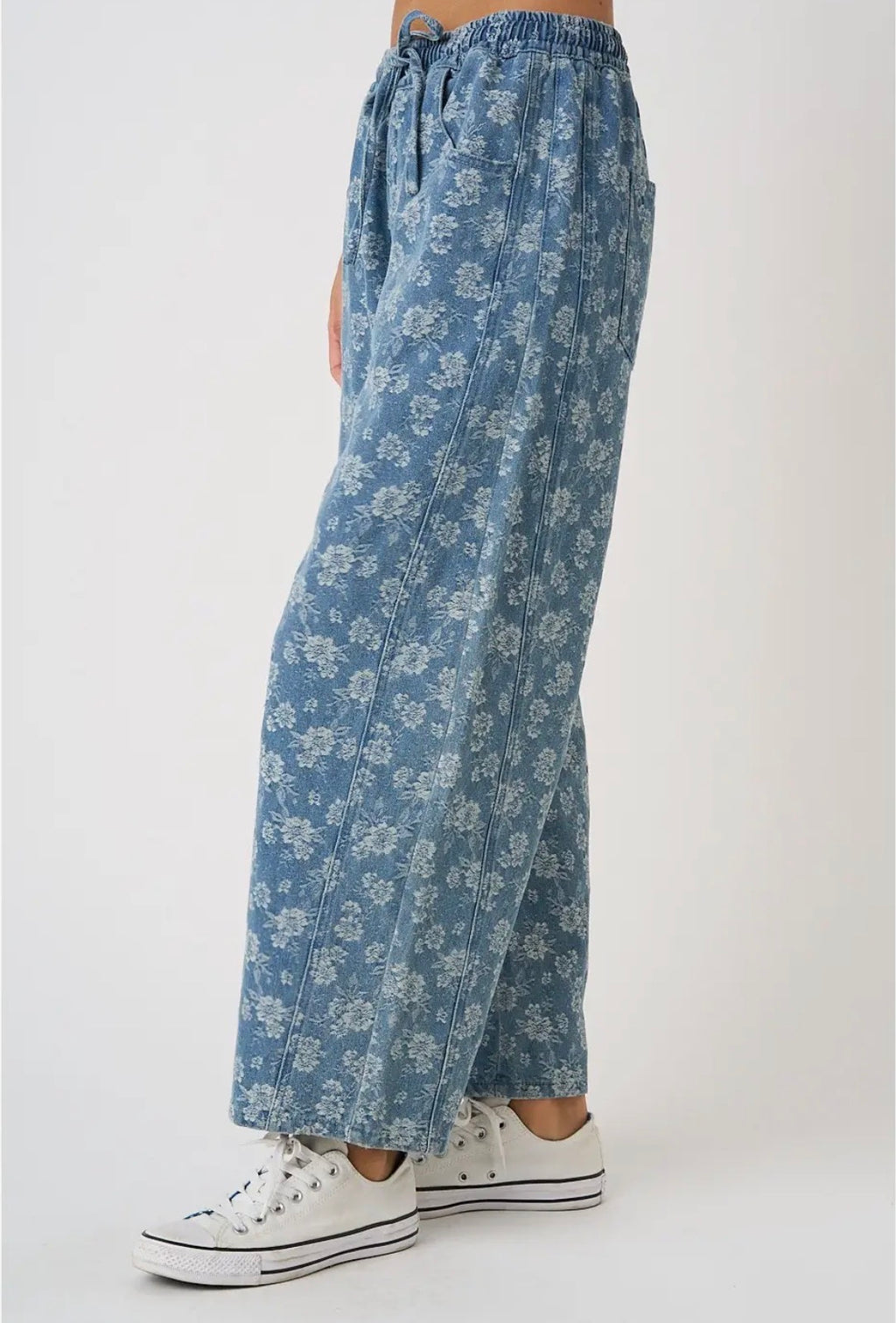 Floral Print Elastic Waist Barrel Jean