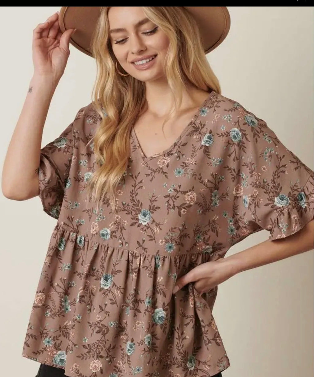 FLOWER Print Dolman Ruffle Sleeve Blouse