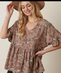 FLOWER Print Dolman Ruffle Sleeve Blouse