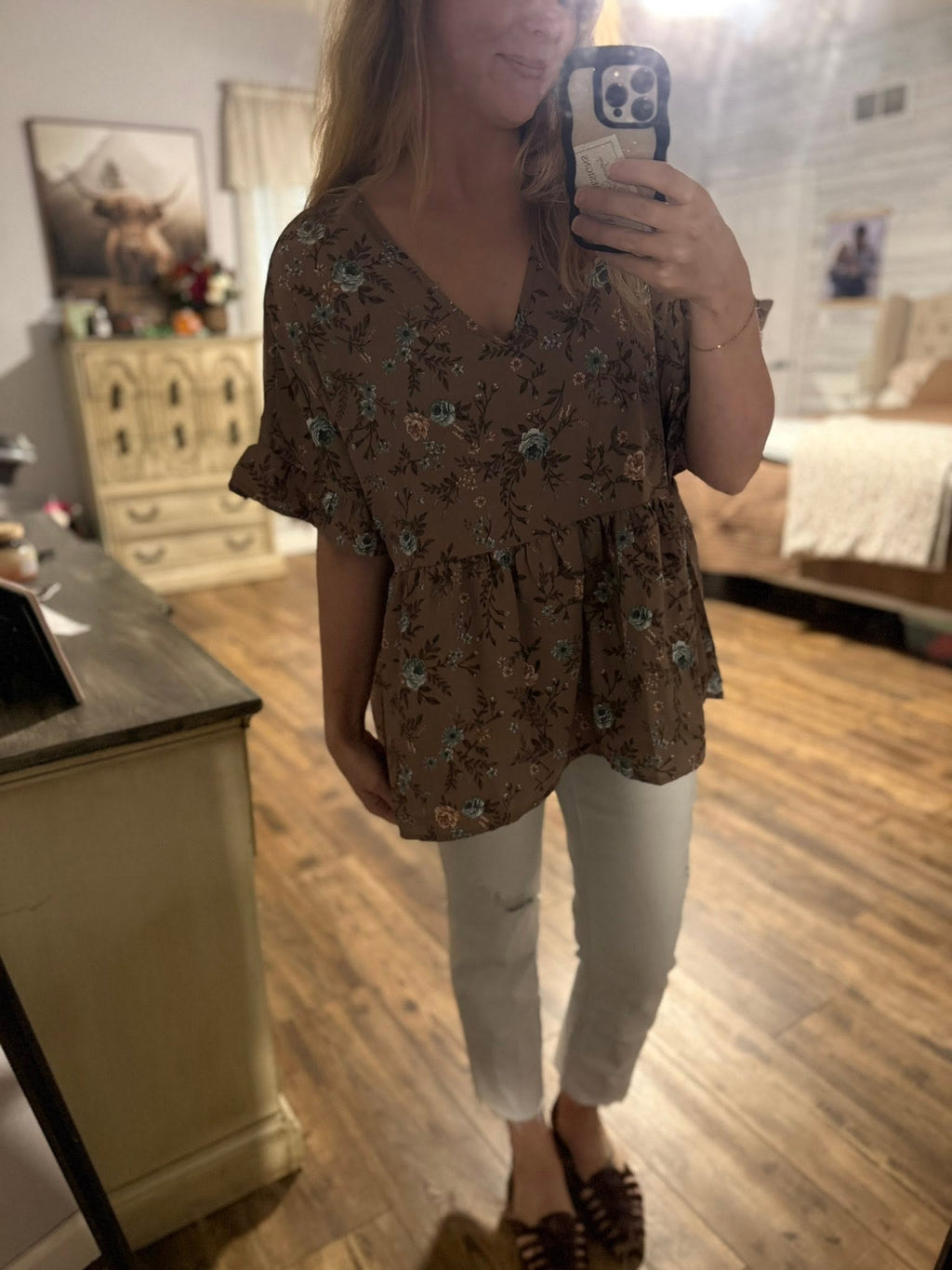 FLOWER Print Dolman Ruffle Sleeve Blouse