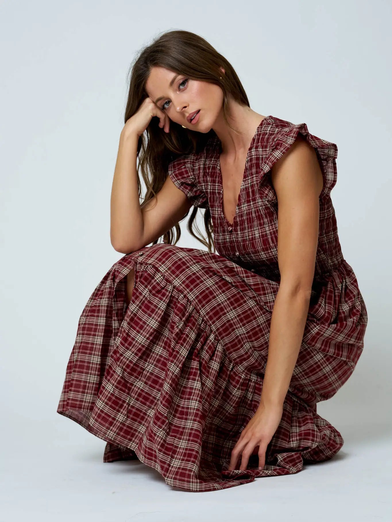 Plaid Smocked V Neck Button Down Ruffled Midi Dres-Burgundy