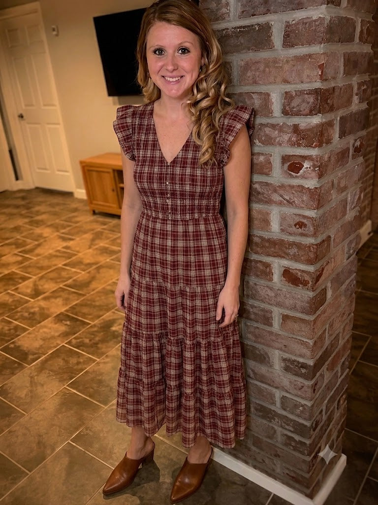 Plaid Smocked V Neck Button Down Ruffled Midi Dres-Burgundy