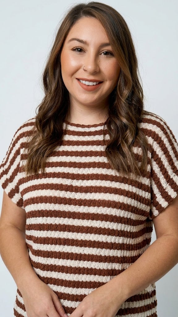 Textured Stripe Round Neck Dolman Sleeve Knit Top