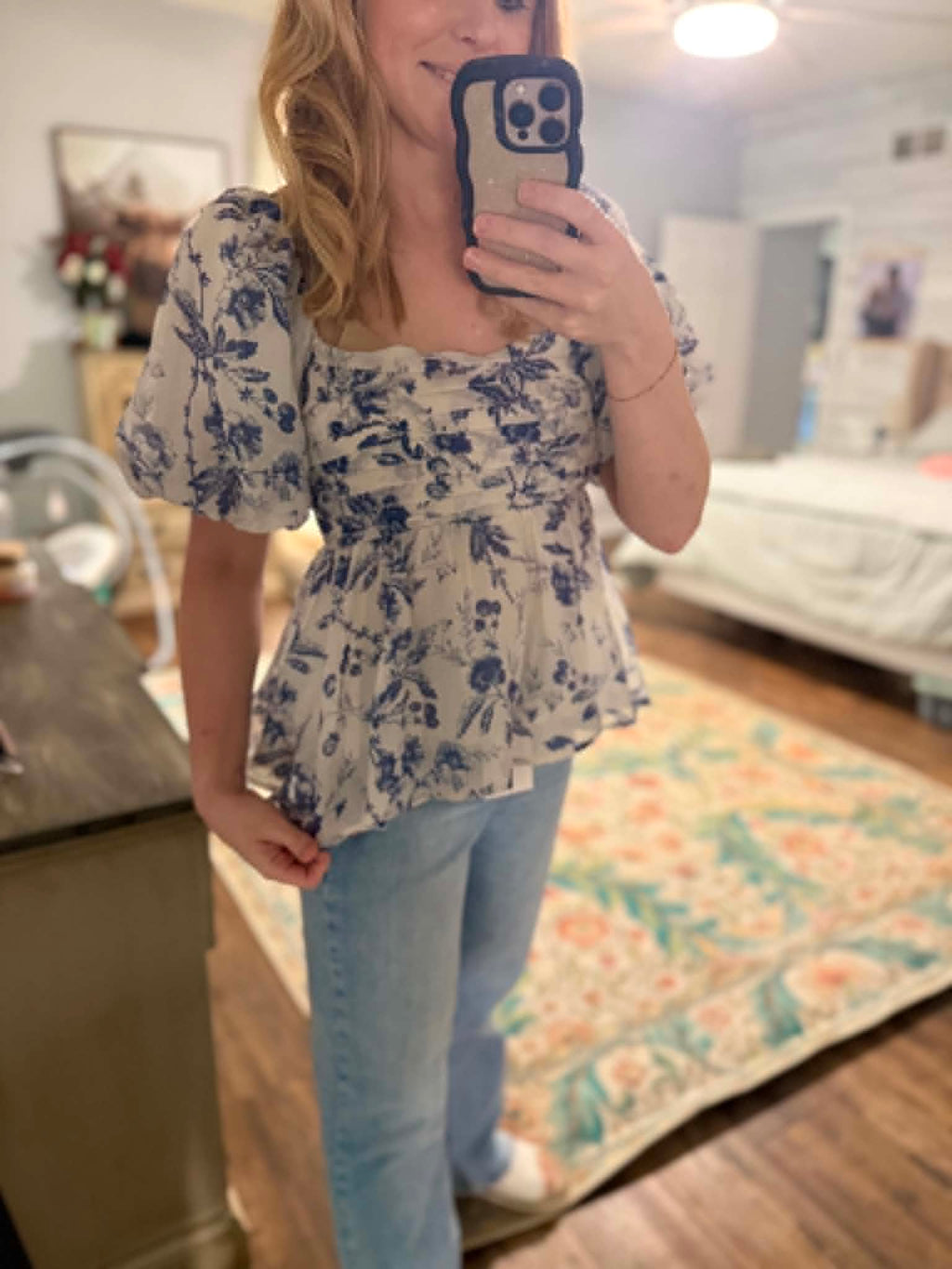 Floral Print Pleat Detail Puff Sleeve Babydoll Top