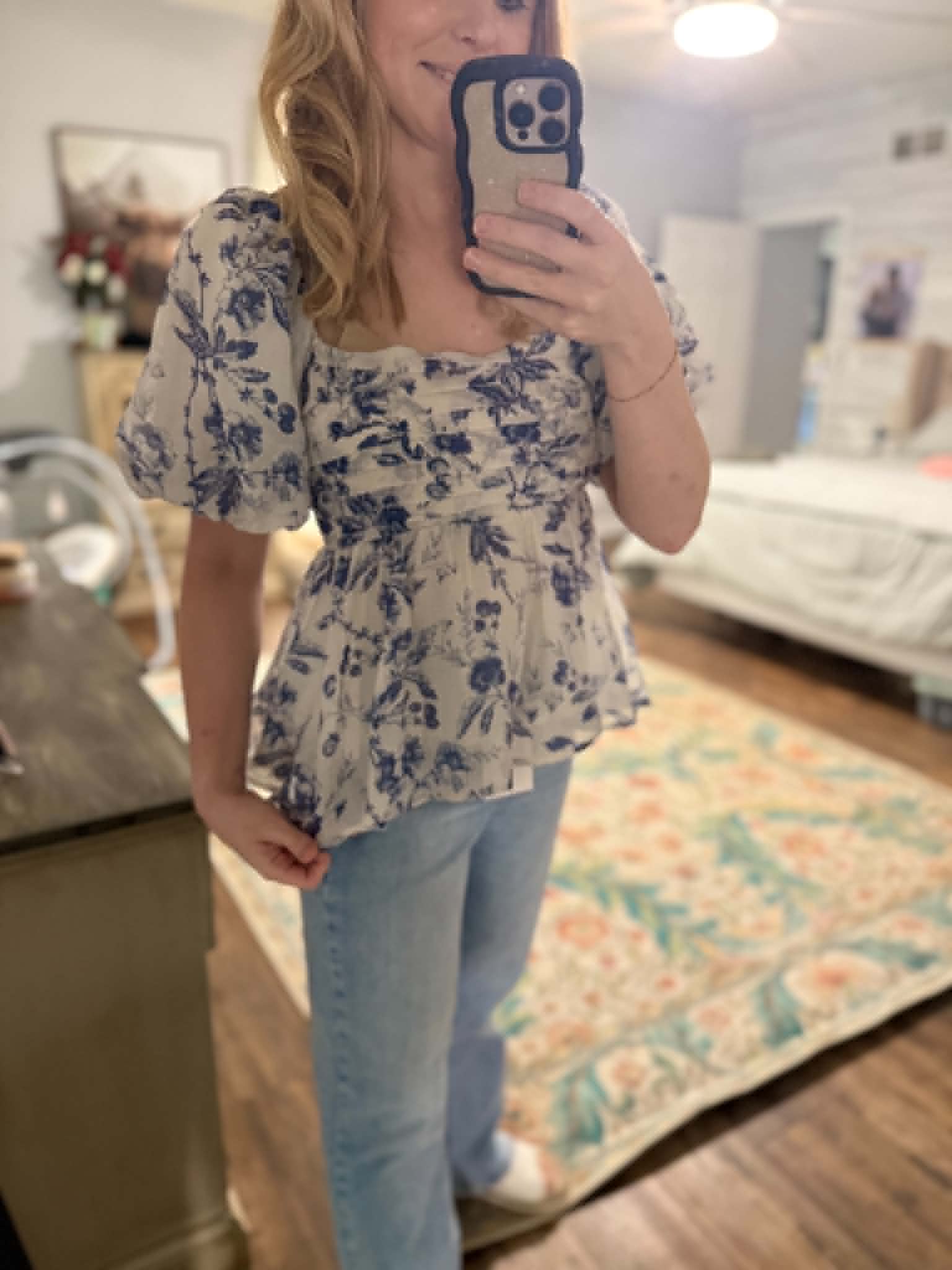 Floral Print Pleat Detail Puff Sleeve Babydoll Top