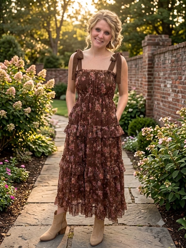 Floral Chiffon Tie Strap Ruffled Tiered Midi Dress-Brown