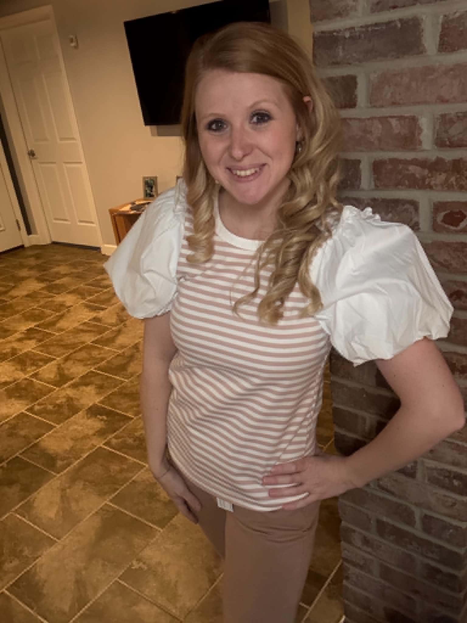 Mix Media Striped Balloon Sleeve Top