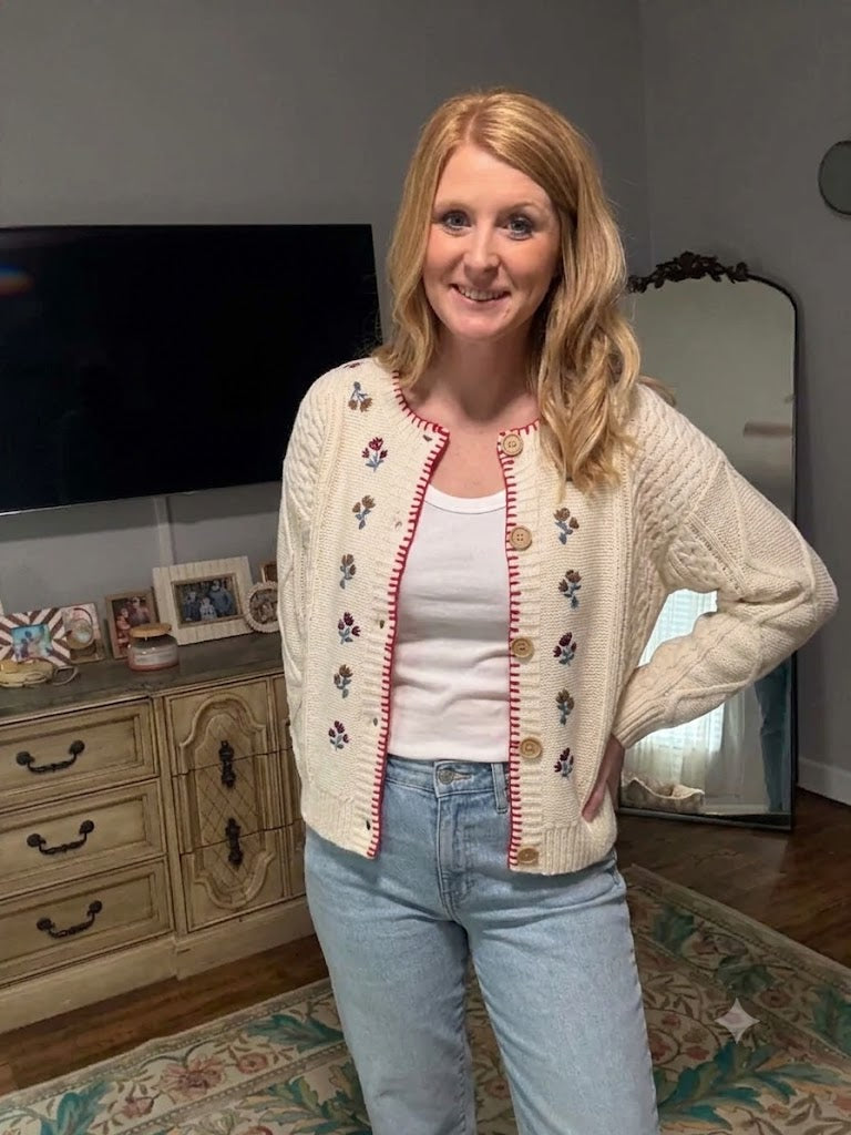 Floral Embroidery Contrast Stitch Knit Cardigan-Cream