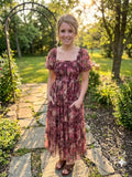 Floral Polka Dot Tulle Puff Sleeve Midi Dress-Burgundy